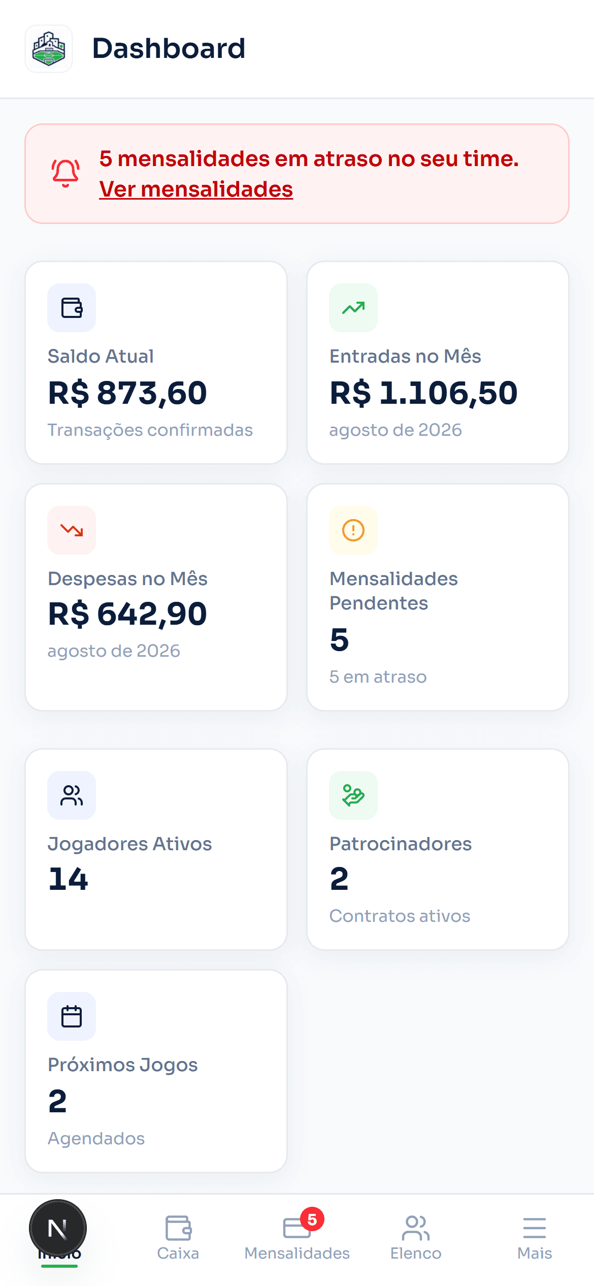 Painel do DaBase no celular, com saldo do caixa e mensalidades do time