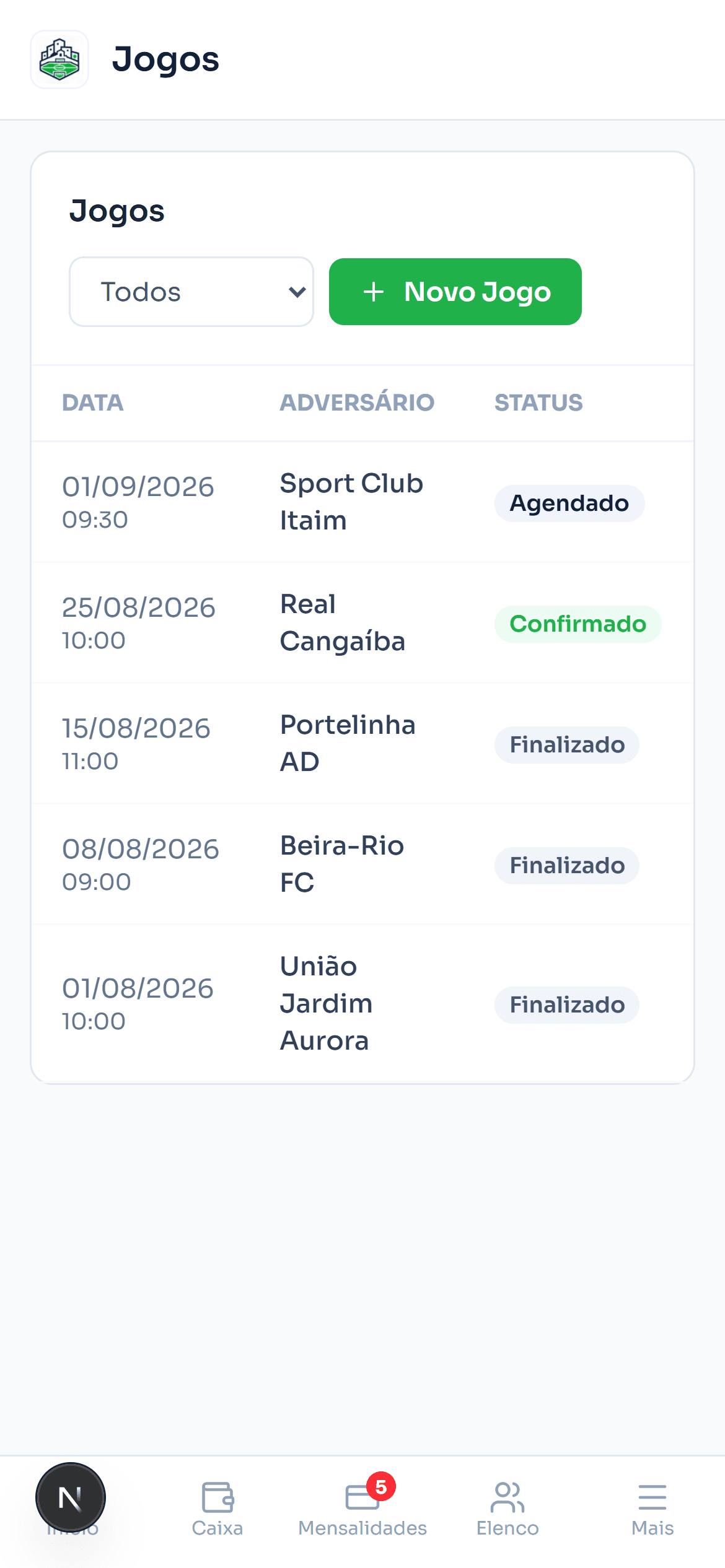 DaBase no celular, com a lista de jogos do time