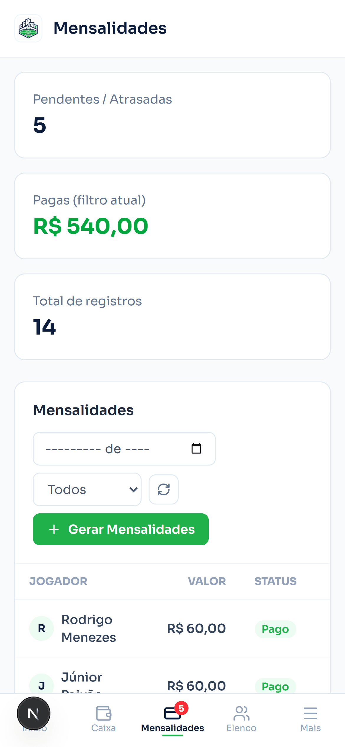 Tela de mensalidades do DaBase aberta no celular